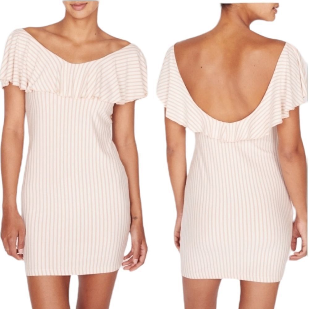 NEW OBEY dress Briar peach striped ruffle bodycon sz S